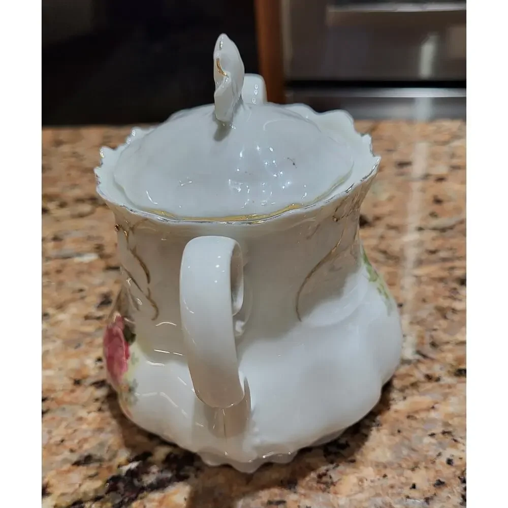 Antique Lehmann Leuchtenburg Germany Sugar Bowl Pink White Roses 2 handle - Picture 4 of 15